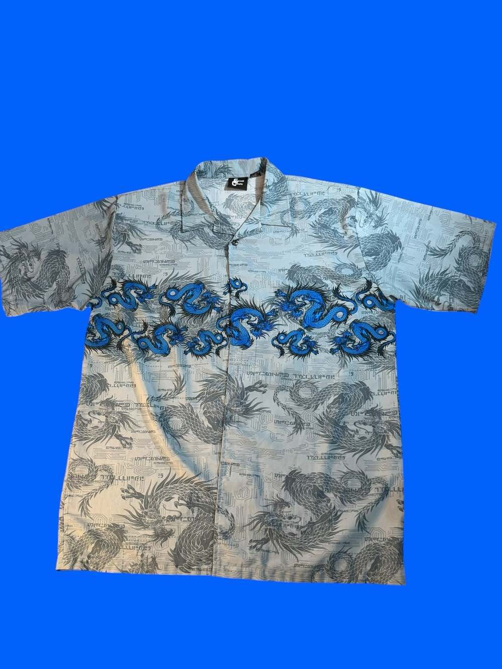 Vintage Street Culture Blue Dragon All Over Print Button Down Shirt XL